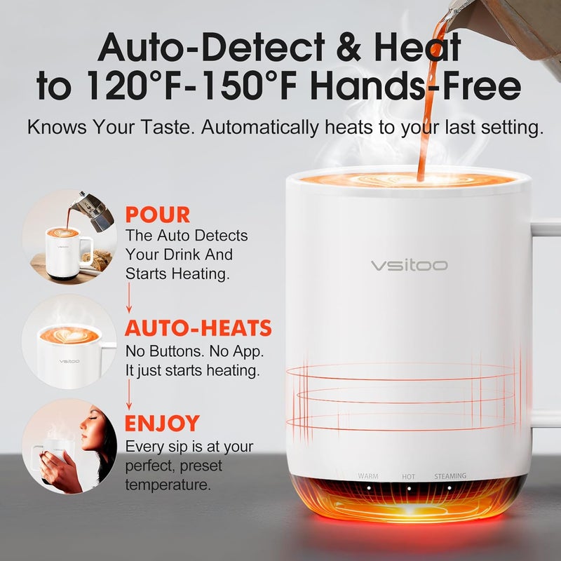vsitoo S3 Plus 14oz Heated Coffee Mug - Temperature Control Smart Mug with Mug Warmer, Auto-Sensing AI Heats Drinks to 120-150°F Hands-Free.Ideal for Home/Office/Gifts，White - Image 2